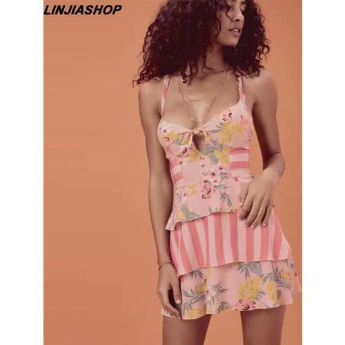 For Love Womens Antigua Mini Dress with tiered ruffle Tie at bust open key hole buttons adjustable straps beach summer dress