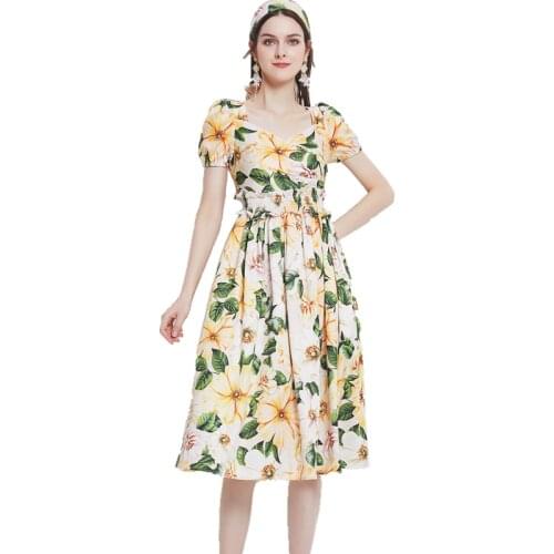 2021 New Summer Women Crossed V-Neck Puff Short Sleeve Dress High Quality Fashion Flowers Print Elastic Slim Long Dress