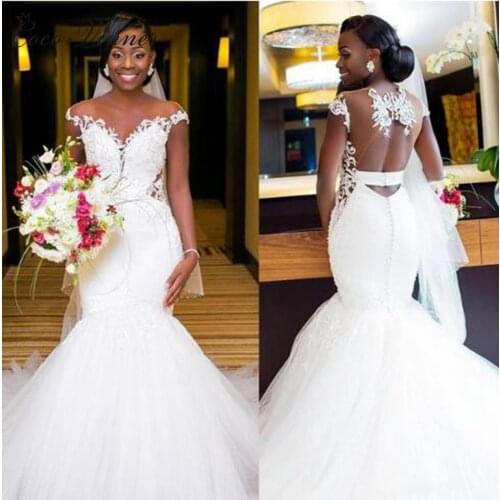 Sexy Illusion Back Africa Mermaid Wedding Dresses Pure White Cap Sleeve Embroidery Beading Lace Bride Wedding Dress W0360
