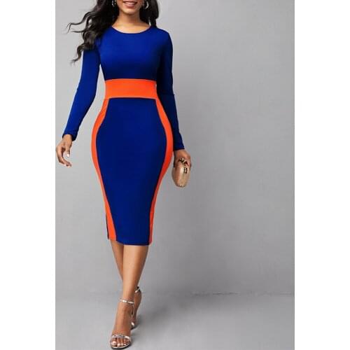 MISSJOY Contrast Color Striped Bodycon Formal Dress Women O-Neck Long Sleeve Cocktail Party Dresses Vestido Formal Para Mujer