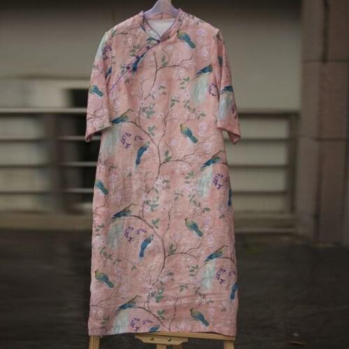 Johnature Women Ramie Stand Vintage Dresses Half Sleeve Print Birds 2021 Summer New Chinese Style Cheongsam A-Line Dresses