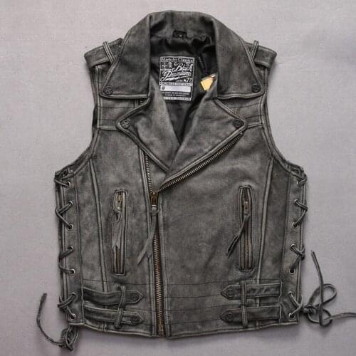 Vintage cowskin lapel adjustable waist real leather vest men gray punk short Oblique zipper sleeveless leather jacket men