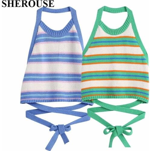 2021 New Summer Women Striped Tops Bow Lace Up Halter Backless Tops Chic Lady Fashion Sexy Woman Clothes