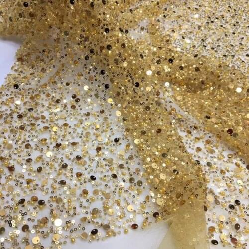 5yards/pc) High quality gold African French net lace fabric beaded sequins embroidered tulle lace for party dress FSS314