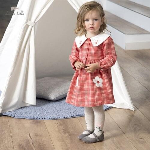 DBJ18247 dave bella autumn baby girls cute floral plaid print dress children fashion party dress kids infant lolita clothes