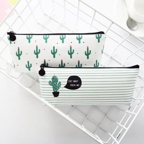 Brief Style Green Cactus Canvas Large Capacity Pencil Bag School Supply Promotional Gift Stationery
