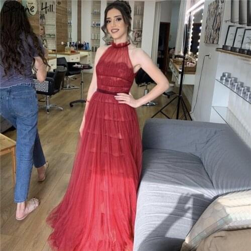 Wine Red Halger Sleeveless Tulle Evening Gowns 2021 A-Line Simple Sexy Evening Dresses Long Serene Hill LA70234