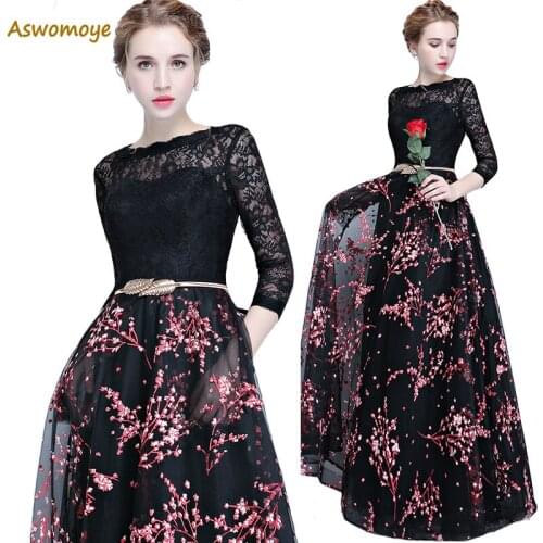 Aswomoye Lace Evening Dress 2018 New Fashion Floral Pattern Skirt Party Formal Dresses A-Line Banquet Dress robe de soiree