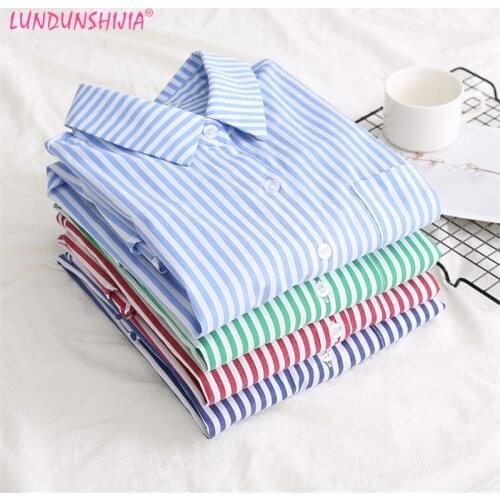 LUNDUNSHIJIA Striped Blouses Women Shirts Tops Casual Cotton Long Sleeve Blue Office Lady Blusas Loose Outwear 2021 Spring