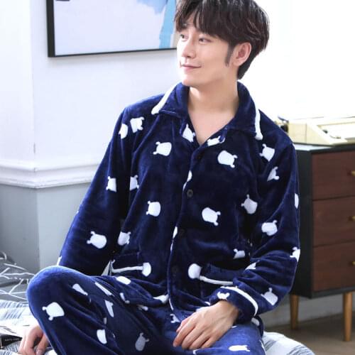 Mens Pajamas Sexy Thick Plaid Sleepwear Set Man Embroidery Pajama Set Long Shirt Pant Hot Warm Flannel Winter Homewear Big Size