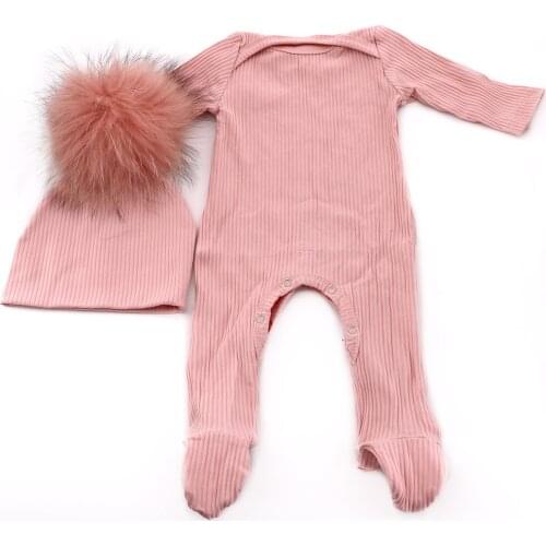 Casual baby Cotton Striped footies with Real Fur pompom hat sets 0-12 M Girls Boys Clothes Bodysuits Soft Long Sleeves Rompers