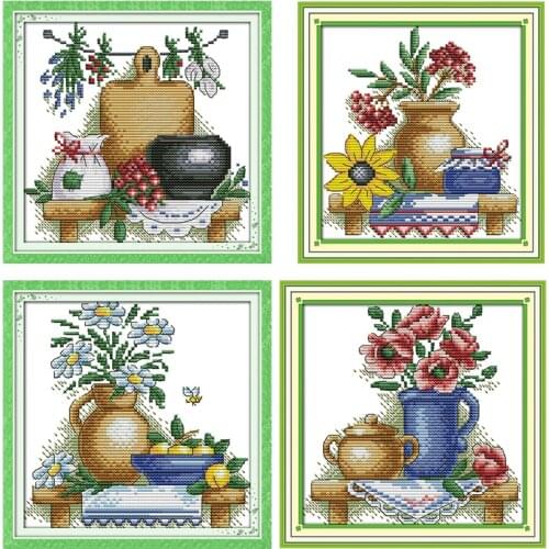 Joy Sunday teapot And flowers cross stitch kit pattern pattern DMC Printed Chinese embroidery needlework set Decoration for home