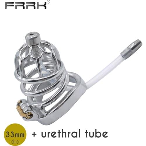 FRRK Metal Chastity Lock Cage with Catheter Penis Sleeve Cock Rings Couple Adult Games Bondage Belt Device BDSM Sex Toys for Men