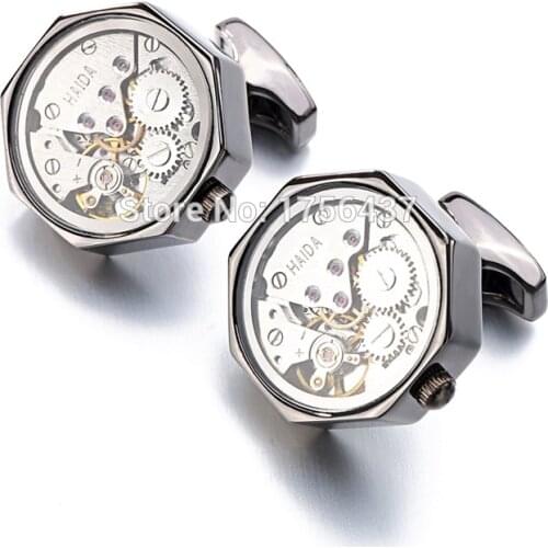 Promotion Immovable Watch Movement Cufflinks Stainless Steel Steampunk Gear Watch Mechanism Cuff links for Mens Relojes gemelos
