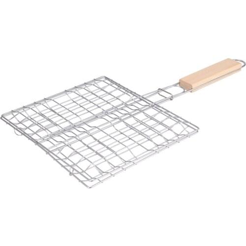 Barbecue Meshes Camping Grill Rack BBQ Clip Folder Grill Roast Folder Basket Tool Meat Fish Vegetable BBQ Tool Wooden Handle