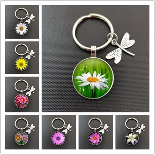 Dragonfly Alloy Pendant Keychain,Colorful ethnic style painted flower Glass Keychain Lady Bag Accessories,Plant Flower Keychain
