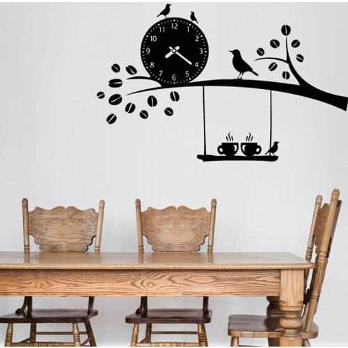 Kitchen Wall Sticker Dining Room Vinyl Decal Coffee Clock Birds Wall Decoration Creative Living Room Decoration Removable