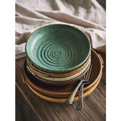 KINGLANG Vintage Retro Plate with Handle Restaurant Creative Tableware Family Round Platter Sallow Plate Western Dinner Dish