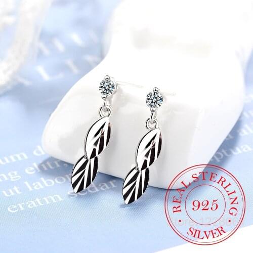 Real 925 Sterling Silver Women Jewelry Fashion Crystal Leaf Earrings Feather Dangle Round Stud Earing Vintage Charm Girls Gifts