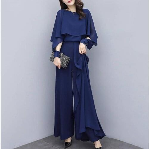 Women 2020 Spring Autumn Work Pant Suits OL 2 Piece Sets Chiffon Shirt And Wide Leg Pants Trousers Suit Female Solid Set R158