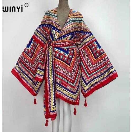 WINYI 2021 America Summer Women Cardigan stitch traf robe Cocktail sexcy Boho Maxi African Holiday Batwing Sleeve Silk Robe