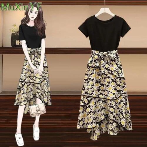 Summer Womens Dress Suit 2021 New Plus Size Elegant O-Neck Crop Top T-shirt Flower Midi Skirt Two-piece Suit Female Clothes Set