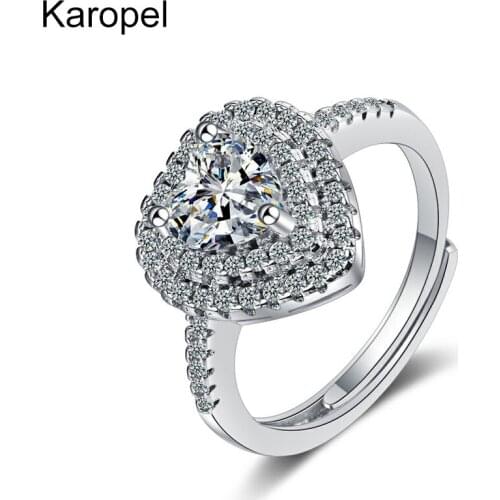 Karopel Women Bridal Ring Simple Minimalist Wedding Open Rings with Solitaire Heart CZ Stone Prong Setting Engagement Rings