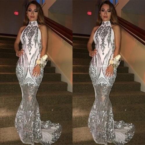 Sexy Halter Neck Silver Sequined Prom Dress 2021 Sleeveless Sweep TrainSparkly Glitter Mermaid Evening Gowns Abendkleider