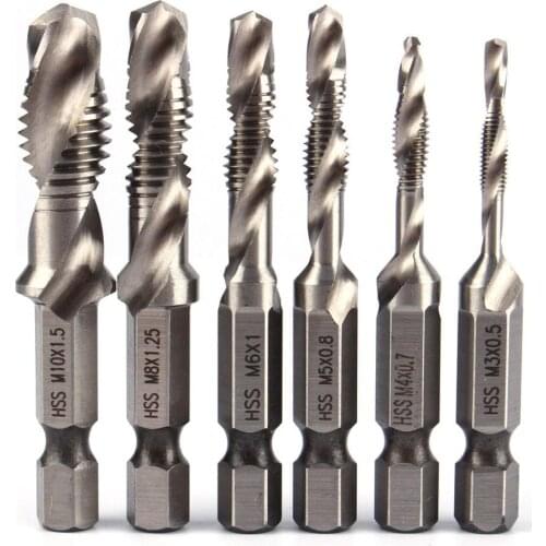 6pcs M3-M10 Screw Tap Drill Bits Hss Taps Countersink Deburr Set Metric Combination Bit High Speed Steel 1/4 IN Quick Change Hex
