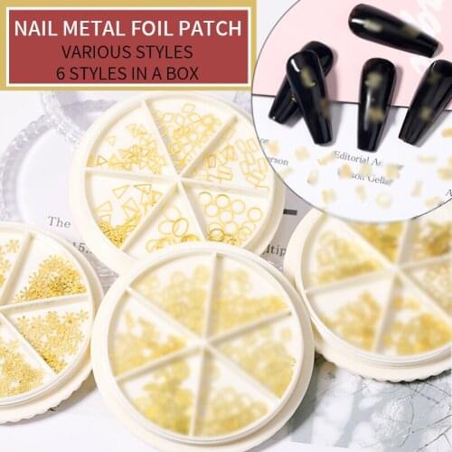 6 Cells /box Disc Shape Senior Design Mixed Logo Metal Ultra-thin K Sequins Shiny Nails Professional Nail Decoration Wholesale