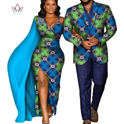 2020 African Print Clothes for Couple Dashiki Elegant Women Party Dresses Plus Size Men Jacket Cotton African Clothing WYQ635