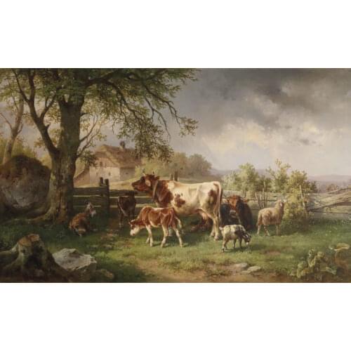 Great oil painting cows with Calves sheep goat in landscape under the trees