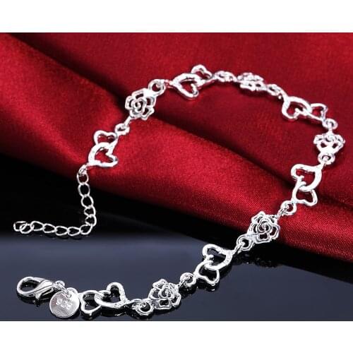 Beautiful hot women bracelet HEART lovely FLOWER chain fashion Wedding Party Silver cute lady nice bracelet jewelry , LH009