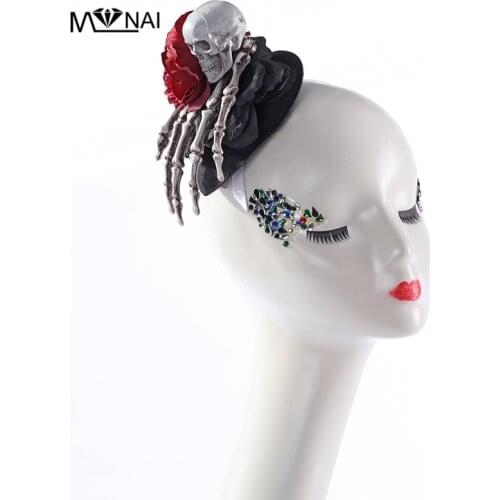 Women Hat Mini Steampunk Top Hat With Flowers Black Hat Hair Clips With Skeleton Hand Fedoras Accessories For Hair