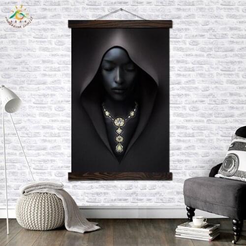 Jewel Black Girl Wall Art Single Panel Canvas Prints Painting with Frame Scroll Painting Hanging Poster Decorative Picture