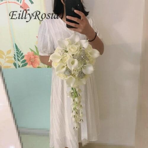 EillyRosia Original White Cala Lily Cascading Bridal Bouquet Tear Drop Beautiful Wedding Flowers Bouquet de mariage