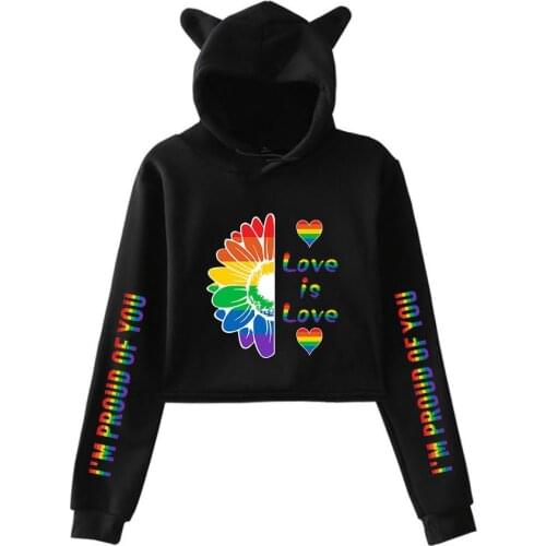 LGBT Pride Kawaii Crop Top Hoodie Love Wins Lesbians Gays Bisexuals Funny Cat Ear Cropped Short Sweatshirt Hooded Pullover Tops