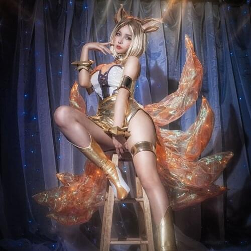 LOL Idol singer new skin KDA Golden Nine-Tailed Fox Ahri cosplay costume New dress wig shoes full set outfit halloween costume