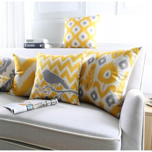 Fashion Yellow Geometric Print Cushion Cover Flower Bird Home Decorative Pillow Case Cojines Decorativos Para Sofa Pillow Cover