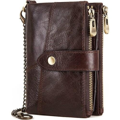 Fashion Leather Retro Wallet Crazy Horse Cowhide Anti-theft Brush Mens Double Zipper Buckle Mens Bag Casual Coin Purse