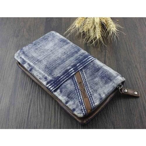 Mens Vintage Biker Trucker Jean Denim And Leather Zip Wallet Purse Handbag New