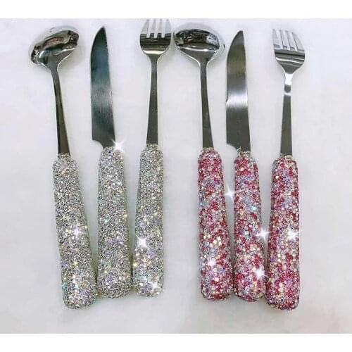 3 Piece Sets Bling Rhinestones Cutlery Household Steak Stainless Steel Diamond Knife Fork Spoon Kitchen Party Dinner Tableware