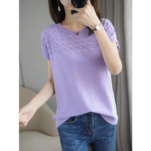 2021 summer new style pure cotton T-shirt casual knitted sweater short-sleeved womens round neck pullover plus size top tees