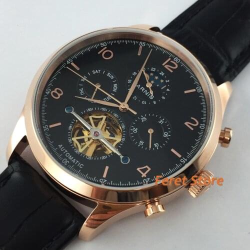 Parnis 2020 new 43mm black dial Rose gold steel case case steel strap date week year mens top flywheel automatic men watch
