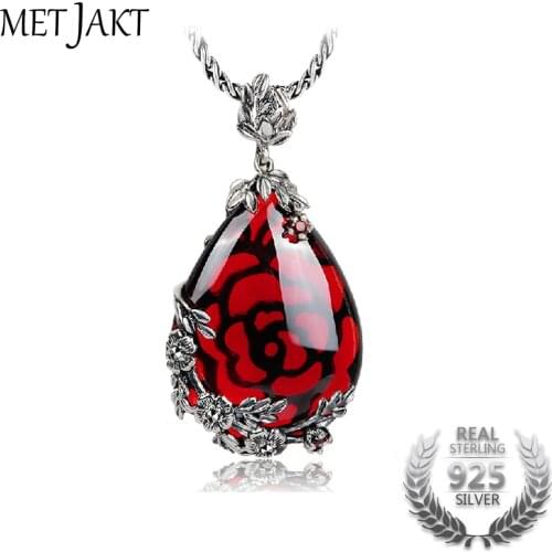 MetJakt Garnet Pendant with Vintage Flower Pattern Solid 925 Sterling Silver Pendant for Necklace Womens Vintage Jewelry