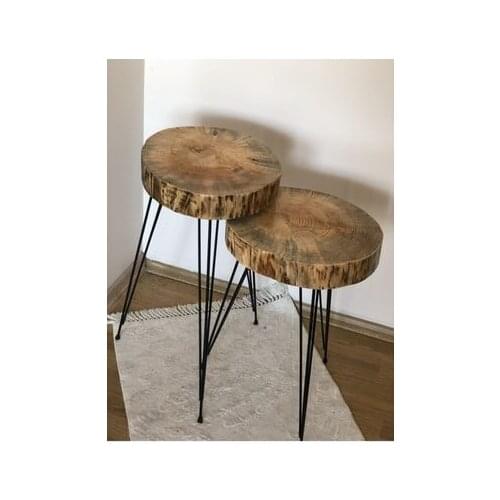Modern lux Round Black Flip Natural Wood Log Zigon Coffee table 2'li coffe table