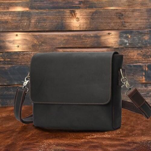 Crazy Horse Leather Men Bag Retro Brown Shoulder Messenger Crossbody Bags Casual Flap Satchel Laptop College Schoolbag