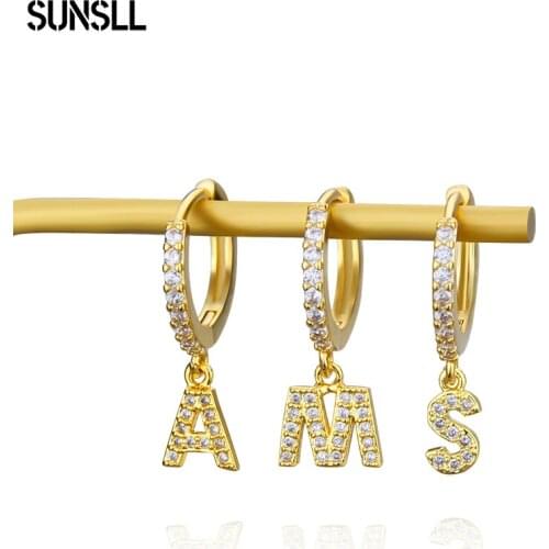 SUNSLL 1pair A-Z Letter Hoop Earrings Zirconia Gold Alphabet Drop Earrings For Women 2021 Fashion Trend Simple Pendientes Gift