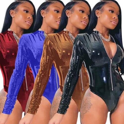 Solid Color PU Leather Bodysuit Woman Long Sleeve Zipper Bodycon Night Club Party One Piece Overalls Plus Size S-XXL Outfits