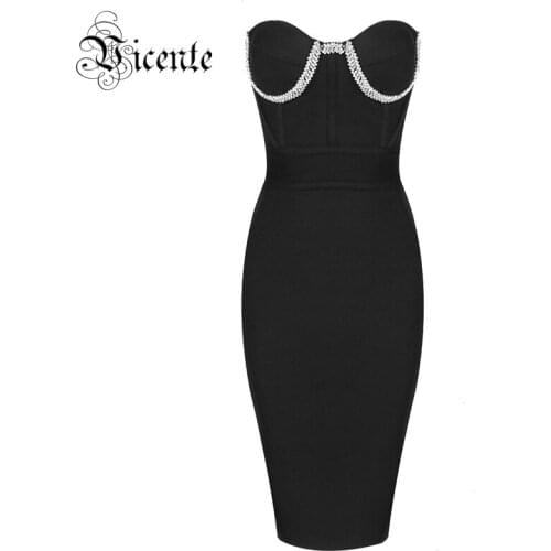 VC All Free Shipping Trendy Beads Embellished Sexy Strapless Celebrity Party Club Bandage Knee Length Dress